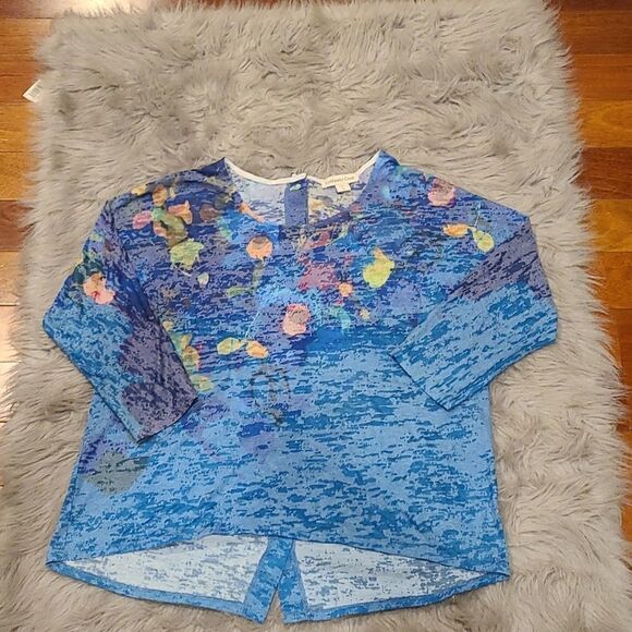 Coldwater Creek Tops - Coldwater‎ creek womens blue quarter sleeve sheer floral shirt with button back